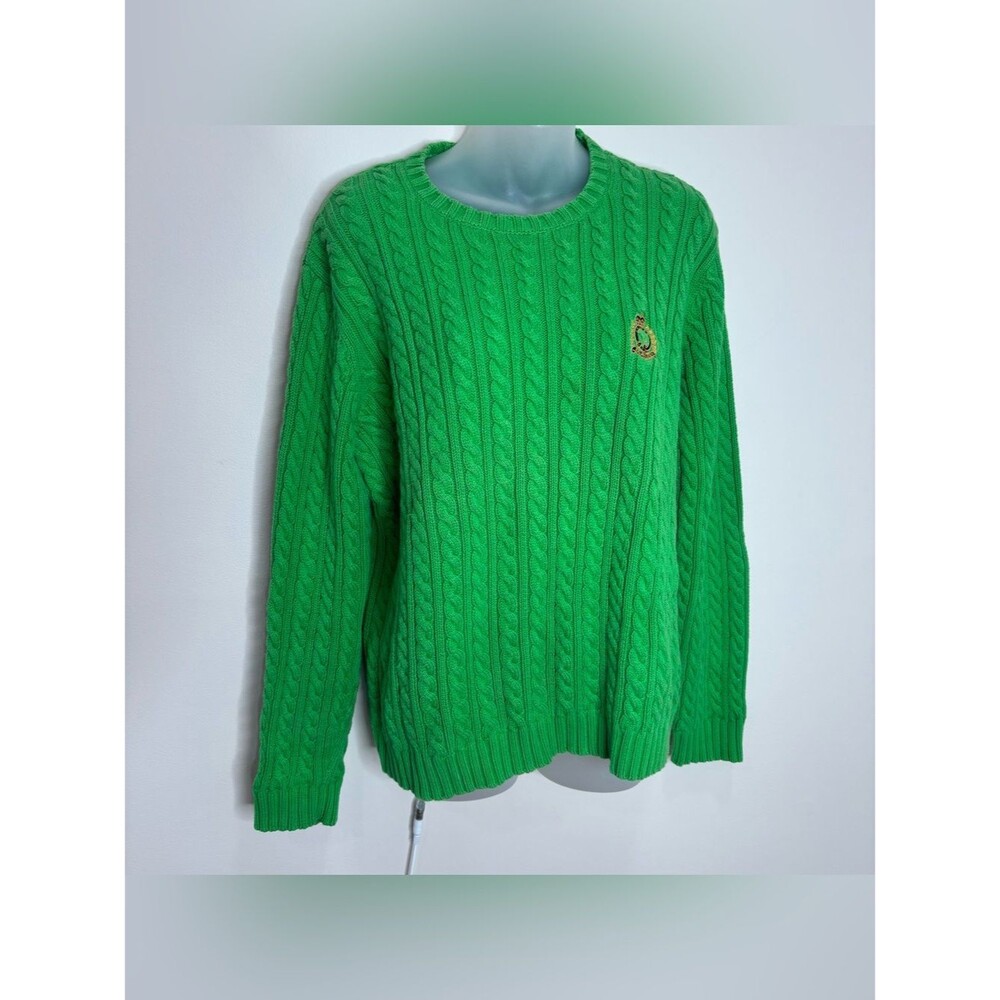 Lauren Ralph Lauren Bright Green Cable-Knit Crewneck Sweater 100% Cotton medium